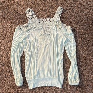 Light Blue Women's Lace Cold Shoulder Top